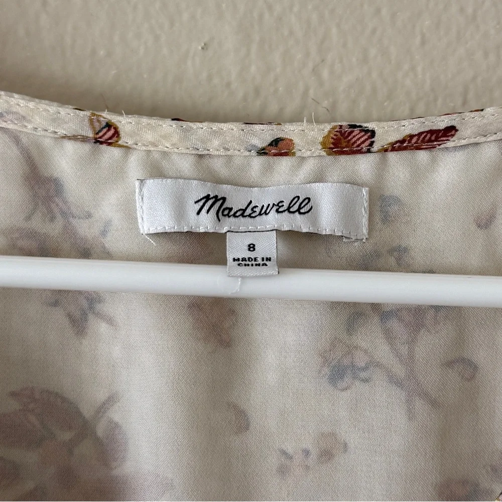 Madewell Floral 100% Silk Clip Dot Gingham Ruched V Neck Puff Sleeve Top size 8